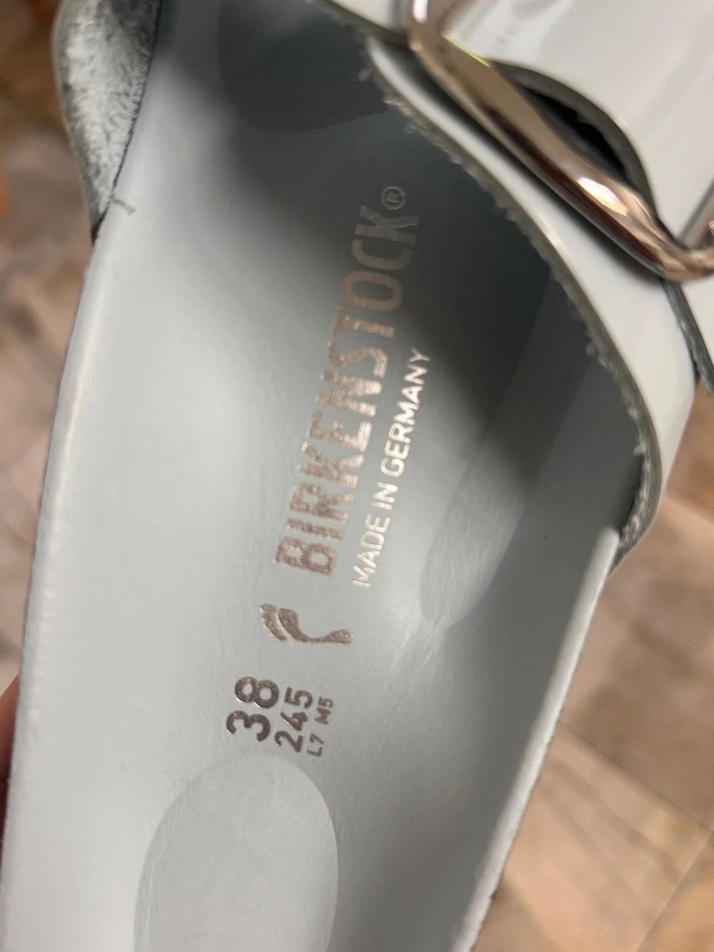 Birkenstock Women’s Madrid Slide Sandal in Pale Blue with Gold Buckles